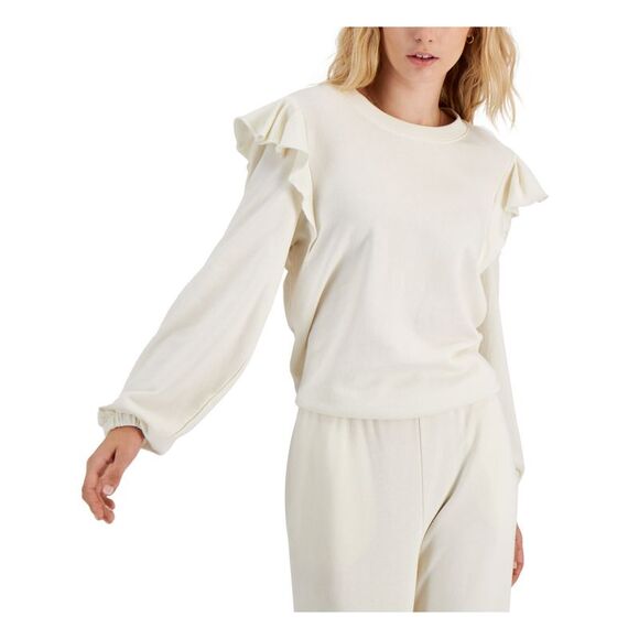 INC Sweaters - INC Womens Ivory Ruffled Long Sleeve Crew Neck Sweater Size: S